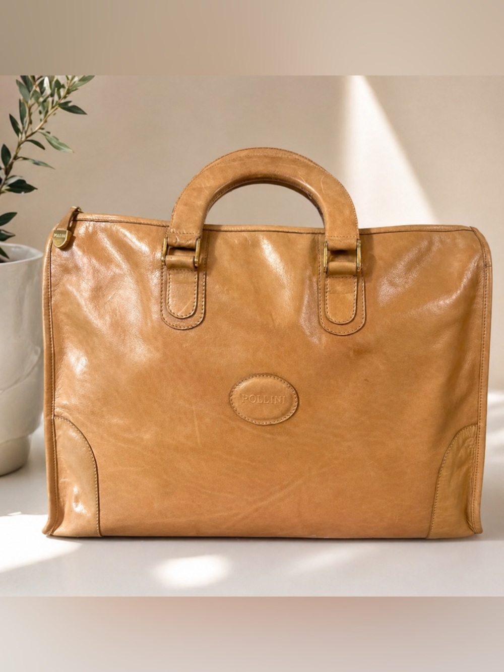 Pollini Italian Leather Work Laptop Bag - Vintage Tan Satchel
